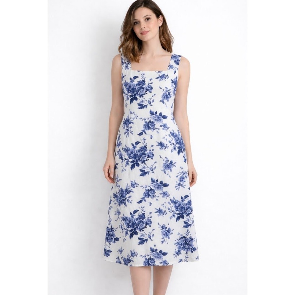 Sheri Martin Maxi Dress Women 16W Plus White Blue Linen Rayon Wedding Guest